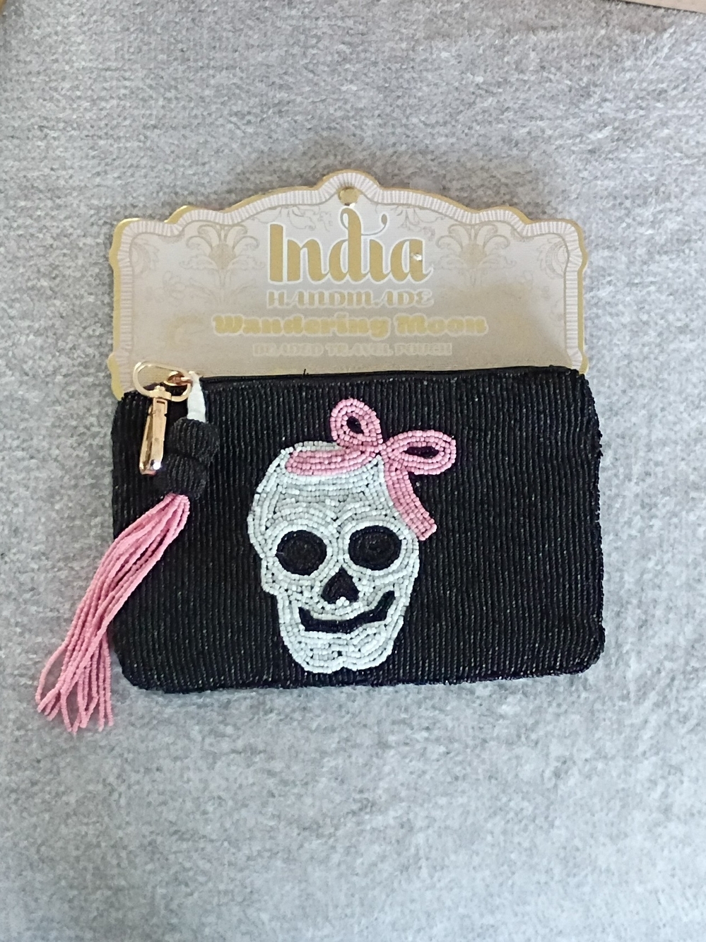 Black Beaded Skull Travel Pouch with Pink Accent